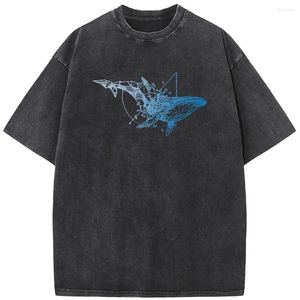 Mäns T-skjortor Whale Geometry Unisex Washed T-shirt 2023 Novalitet 230G Cotton Summer Bleached Tshirt Funny Casual Loose Bleach Tops Tee