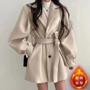 Women's Trench Coats 2023 Suit Collar Windbreaker Coat Spring And Autumn Fat Sister Plus Size Waist Tie Wool Is Slim Versatile