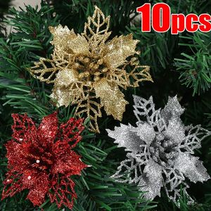 Dried Flowers 5-10pcs Large Silk Glitter Christmas Flowers 12-14cm Artificial Red Rose Flower for Xmas Tree Ornaments Decoration Accessories 231013