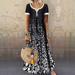 Casual Women Position Print Long Dress Summer Short Sleeve V-ringklänningar Damer Loose Beach Maxi Dress Vestidos Plus Size Q07072624