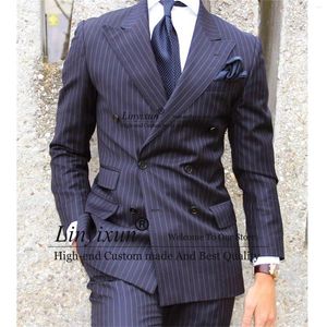 Abiti da uomo Classico gessato Smoking da sposo su misura per uomo 2 pezzi Giacca doppiopetto Pantaloni Set Slim Fit Abito maschile