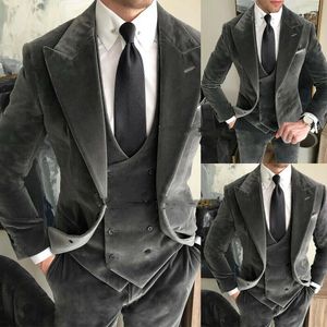 Smoking da uomo in velluto grigio da uomo, abiti africani per il ballo di fine anno, vestibilità slim, giacca da sposo, moda maschile, con gilet