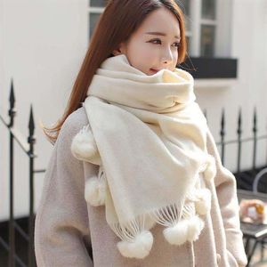 Lenços inverno quente cashmere pom cachecol mulheres sólidas com bola de pele pashmina xales grossos envoltório senhora oversize cobertor311q