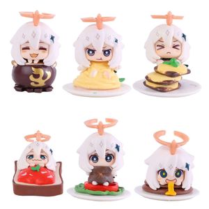 Trajes de mascote 6 pçs / set 4cm Anime Figura Q Versão Jogo Genshin Impact Paimon Não Emergência Food Theme Modelo Dolls Toy Gift Collect Box