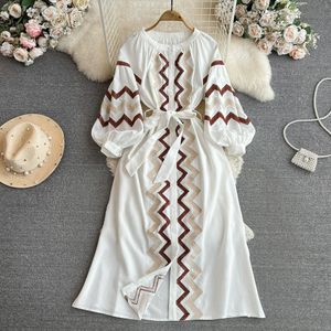 Spring and Autumn Retro Ethnic Style Lantern Long Sleeve Round Neck Waist Slim Single breasted A-line Printed Cotton and Hemp Dress