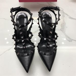 Fashion Pointed Toe Strap Women Studded Strappy Dress Shoes slippers slides sandalwith Studs highs heels matte Leather rivets Sandals valentine high heel Shoe