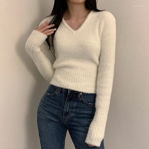 Kvinnors tröjor 2023 Autumn Women Sweater Långärm V Neck Solid White Sticked Soft Slim Tops Y2K Kores Style Harajuke 90s Top