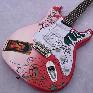 Rara Jimi Hendrix Monterey Pop Festival Chitarra elettrica rossa speciale incisa Piastra per manico Jimi Hendrix Tremolo Bridge Whammy Bar Accordatori vintage