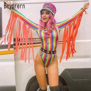 Beyprern Womens Goddess Tassle Fringe Bodysuit mode långärmad regnbågar randiga korta jumpsuitfestival kläder rave bär y20361g