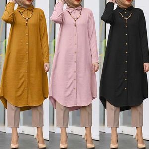 Ethnic Clothing Muslim Solid Mid-Length Shirt Dress For Women Dubai Abaya Fashion Single-Breasted Long Top Turkey Arab Islam Tops