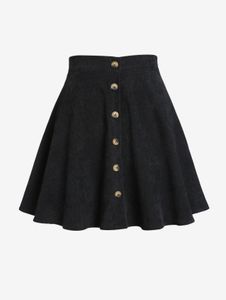 Designerklänning kvinnors vintage stil fast färgknapp upp corduroy mini kjol - svart m