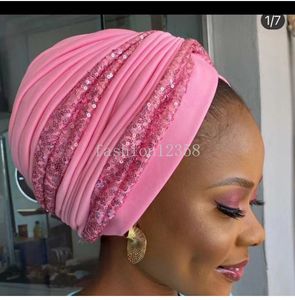 Novas lantejoulas africano auto gele headtie muçulmano feminino hijab turbante cabeça envoltório quimio boné chapéu islâmico perda de cabelo capa chapéu cachecol