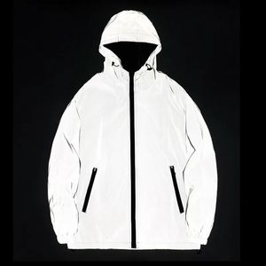 Jaquetas masculinas noite reflexiva tecido duplo windbreaker jaqueta com capuz homens hip hop dançarino cantor impermeável zíper casacos outwear 231012