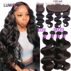 Synthetic Wigs 40" Peruvian Body Wave Bundle With Closure Human Hair 3 4 Bundles Frontal HD Transparent Lace 231013