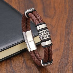 Charm Bracelets TeHao Genuine Woven Leather Mens Bracelet Punk316l Stainless Steel Irregular Cracked Bead And Bangle Jewelry 231012