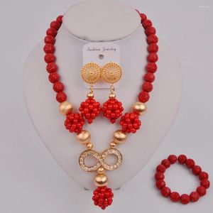 Colar brincos conjunto mais recente vermelho nigeriano coral contas jóias africanas casamento nupcial 12-f-02