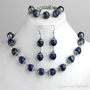 1set fashions lapis lazuli ball beads bracelet necklace earrings hook jewelry set 0 47 314b