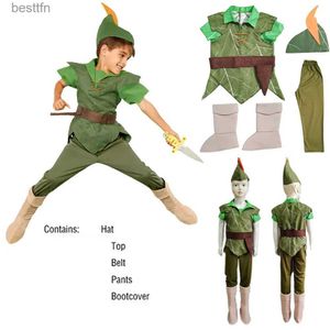 Temadräkt 2022 Julpojkar Peter Pan Kids Anime Cosplay Come Carnival Party Cos T-shirt Pants Suit Erhero Halloween Comesl231013