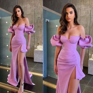 Evening Dresses Lavender Prom Party Gown Mermaid Zipper Lace Up Plus Size Custom New Elastic Satin Thigh-High Slits Sleeveless Pleat Off-Shoulder