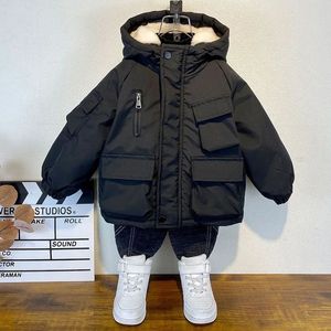 Para baixo casaco de inverno jaqueta de algodão meninos preto com capuz crianças outerwear roupas adolescente 38y crianças parka acolchoado snowsuit xmp323 231013