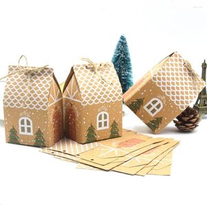 Gift Wrap 5PCS Brown Kraft Paper Boxes Christmas House Shape Candy Bags Kids DIY Craft Cookie Packaging Xmas Tree Pendants