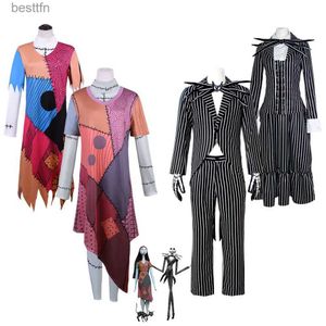 Tema Traje Halloween Horror Cosplay Pesadelo de Natal Sally Skyling Vestido Jack Cos Vestido Stripe Top Calças Halloween Cosplay PartyUniformL231013