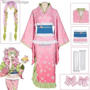 Tema kostym kanroji mitsuri rosa cosplay kommer kisatsutai sexig kimono halloween come wig anime demon slayer kimetsu no yaiba cosplayl231013