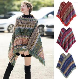 Scarves Ethnic Style Mongolian Poncho Coat Overlays Winter Warm Polyester Knitting Wraps Striped Knitted Cape Women Fashion