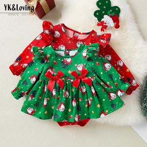 Flickor klänningar jul baby fart wrap klänning fashionabla långärmad bågtryck gammal man huvud prinsessa 231013