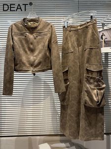 Pantaloni a due pezzi da donna DEAT Vintage Patchwork Design Pelliccia Pelle Colletto alla coreana Cerniera Manica lunga Giacca Tasche Cargo 2023 Autunno 11XX5420 231012