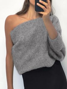 女性のセーター2023不規則なニットセーター片肩長袖クロップトップ女性マントコートヴィンテージファッション秋の服231012