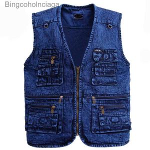 Coletes masculinos Colete masculino Outerwear Denim Colete Azul Profundo Cor Plus Size Sem Mangas Jaqueta LTI-Bolso Tamanho XL para 5XLL231014