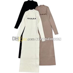 Women Sexy Long Dress Letters Jacquard Knits Dresses Long Sleeve Knitted Frock Casual Style Frocks