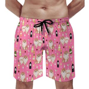 Homens Shorts Wine Lover Board Verão Pomeranian Dog Sports Surf Beach Homem Quick Seco Design de Moda Grande Tamanho Troncos