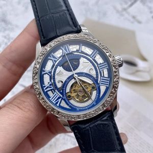 Tre Stitches Series Tourbillon Automatisk mekanisk klocka Högkvalitativ Top Brand Leather Strap Deluxe Fashion Moon Fas Hollow Carving Flower Shell Cover One