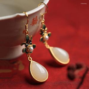 Dangle Brincos Design Original Natural Hetian Branco Jade Esmalte Gota de Água Chinês Retro Tribunal Charme Mulheres Jóias de Prata