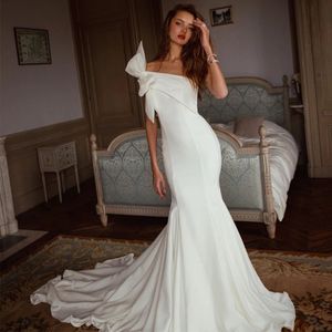 Vintage One Shoulder Mermaid Wedding Dresses Bridal Gown with Bow Tie Pleat Sweep Train Robe de Mariee