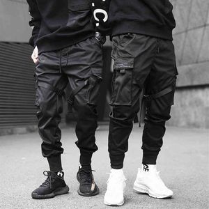 Homens fitas bloco de cor preto bolso carga calças preto harem joggers harajuku sweatpant hip hop calças256r