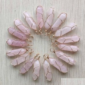 Encantos fio de ouro envolto rosa quartzo hexágono pingente encantos pingente cura rosa cristal pedra pendurado moda jóias fazendo atacado dhi27