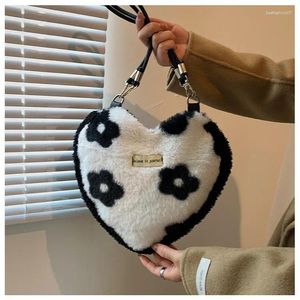 Evening Bags Brand Designer Fur Floral Printing Women's Shoulder Bag Fashion Simple Handbag Heart Form Sweet Crossbody Winter