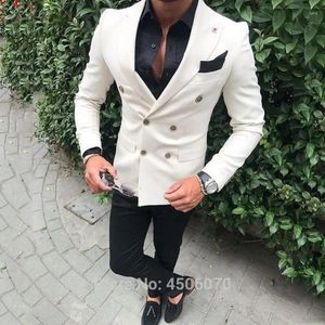 Men's Suits Ivory Mens Casual Business Slim Fit Wedding Tuxedos Double Breasted Groom Wear Bridegroom Costume Homme 2Pcs Jacket Pants