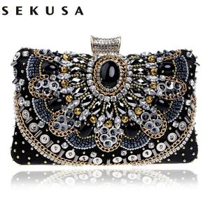 Kvällspåsar Sekusa Liten pärlstav kopplingsväska Elegant Black Wedding Party Handbag Metal Chain Shoulder 231013