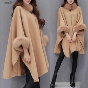 Women's Wool Blends Elegant Women Winter Coats Batwing Fluffy Sleeve Cape Jacket Lady Woolen Overcoat Cape Fox Fur Collar Warm Ponchos FemininoL231014