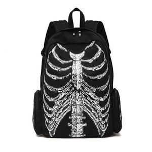 School Bags JIEROTYX Canvas Backpack Halloween Multifunctional School Bags Unisex Skull Skeleton Printed Backpack Gothic Designer Travel Bag 231013