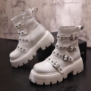 Moda punk botas de tornozelo plataforma masculina preto branco tornozelo botas versão da tendência botas de cowboy juventude 10a59