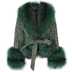 Futro dla kobiet sztuczne Yoloagain 2023 Autumn Natural Collar Overized Tweed Coat Kobiet elegancka kurtka z pasami damskimi odzież wierzchnia 231013