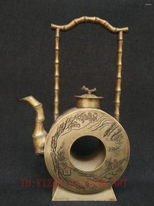 Flaschen YIZHU CULTUER ART Alte Sammlung China Bronze Schnitzerei Landschaft Kalligraphie Teekanne Topf Dekoration