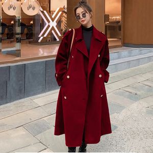Женская смесовая шерсть, осень-зима, женское двубортное кашемировое шерстяное длинное пальто, элегантная женская куртка, свободная шикарная винно-красная верхняя одежда 231013
