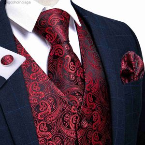 Men's Vests Dibangu Classic Red Black Paisley Men's Suit Vest Necktie Pocket Square Cufflinks Set Formal Business Waistcoat for Man WeddingL231014