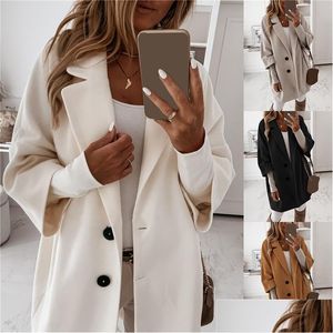 Women'S Wool & Blends Womens Wool Blends Women Casual Autumn Winter 3/4 Sleeve Pockets Buttons Long Coat Loose Jacket Apparel Women'S Dhxsj